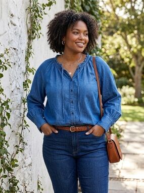 a.n.a Chambray Blue Ruffle Peasant Blouse Lyocell Cotton Boho‎ Top Large